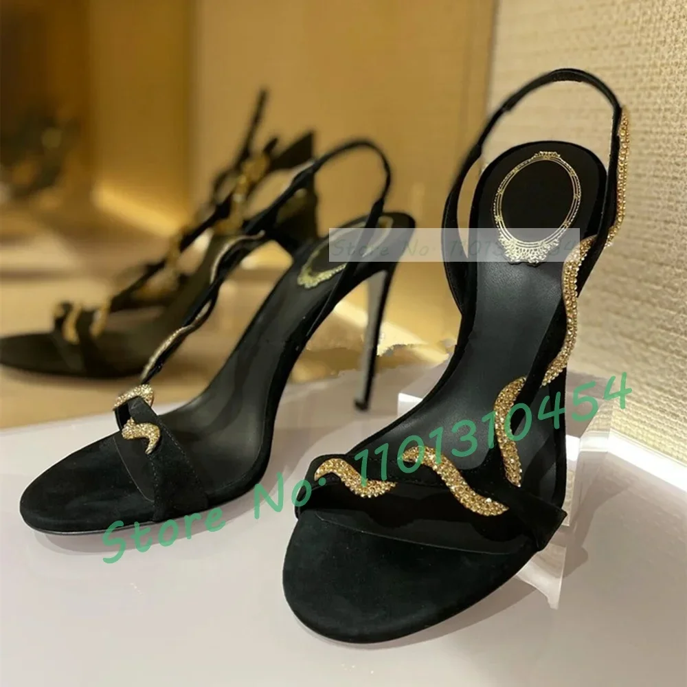 Gold Snake Wrap Slingback Sandals Women Bling Silver Sole Kid Suede Shoes Real Leather Luxury Trending Cross Strap Dress Sandals