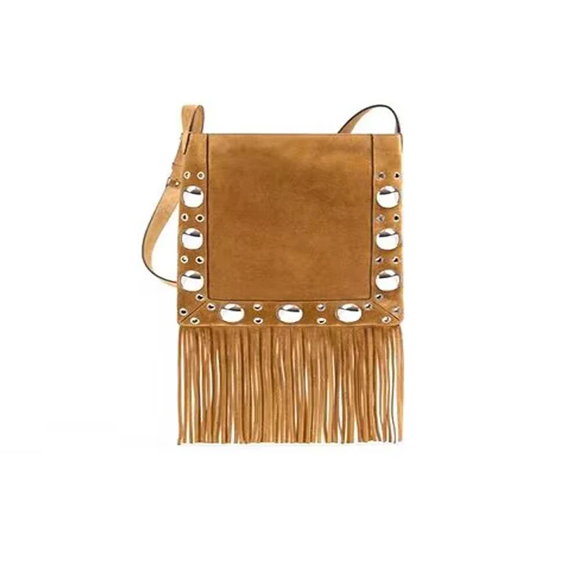 2025new classic women's bag Bohemian style niche design imitation buckskin messenger bag rivet tassel bag shoulder crossbody bag