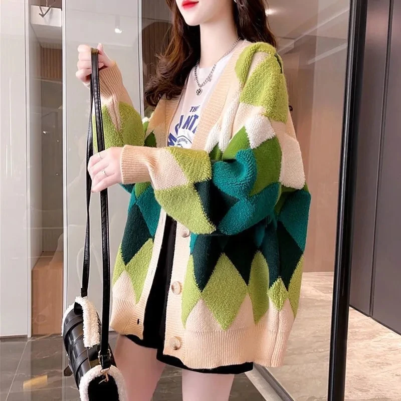 

Spring Autumn Women's Cardigans Fashion Knitted Sweater Jacket New Loose Long V-Neck Sweater Outside Wear Diamond Knitting Coat