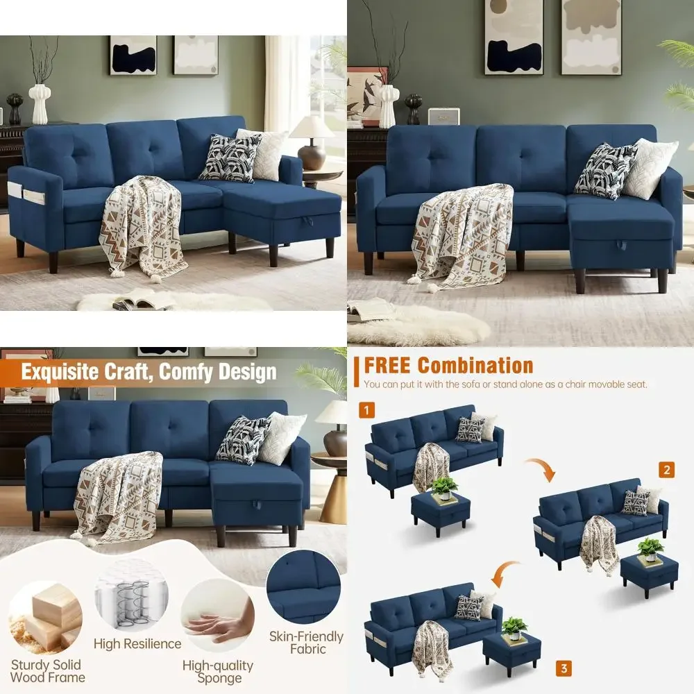 أريكة مقطعية على شكل حرف L مكونة من 3 مقاعد مع مساحة تخزين وكرسي قابل للعكس، قماش كتان لغرفة المعيشة #1