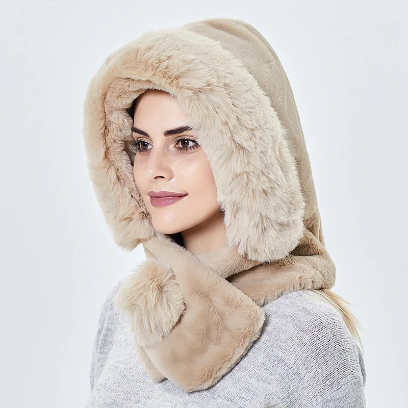 Winter Warm Fur Hat With Earflaps Women Thicken Cap Hooded Lady Outdoor Windproof Soft Fluffy Beanies for Women Russian Style