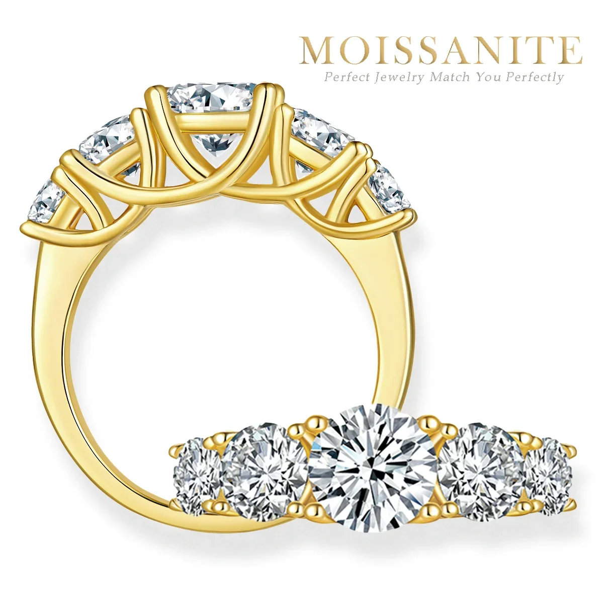 

2.6 CTTW 5-Stone Full Moissanite Ring - S925 Sterling Silver Gold-Plated, Elegant and Sparkling Band, Perfect for Weddings