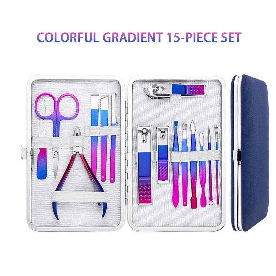 Christmas Gifts Dazzling Colorful Stainless Steel 7-15 Piece Beauty Nail and Eyebrow Repair Set Manicure Set Nail Clippers
