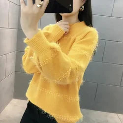 Women's Knit Sweater Ladies Pullovers O Neck Yellow Loose Round Clothes Original Offers Basic Hot Sale Winter Smooth Warm Light
