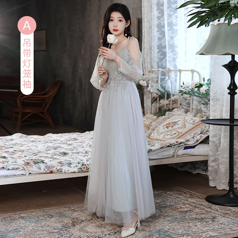 

Gray Bride Bridesmaid Dress For Women Cheongsam Qipao Formal Party Gown Fairy Charming Mesh Maxi Dresses Robe De Soiree