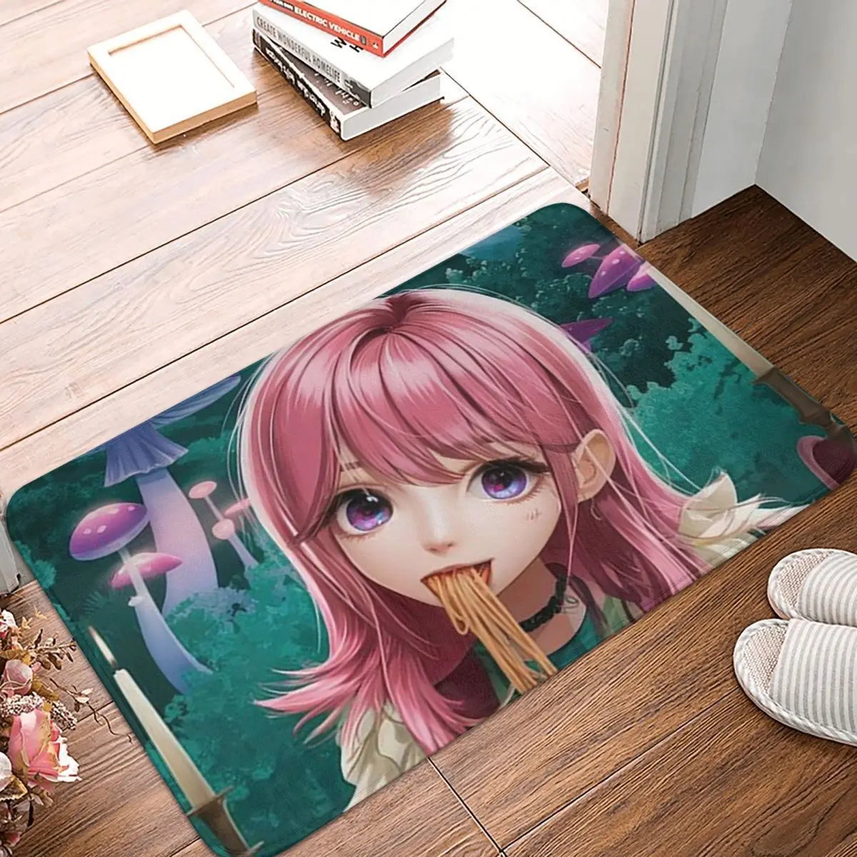 Cute Girl Eating Spaghetti Anti-slip Doormat Floor Mat Washable Carpet Rug for Kitchen Entrance Home Balcony Footpad Mats