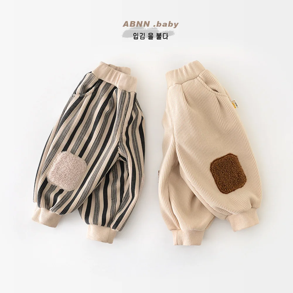 Korean Autumn Winter Baby Boy Pants Cotton Striped Elastic Waist Loose Patched Infant Boys Trousers Plus Velvet Toddler Boy Pant