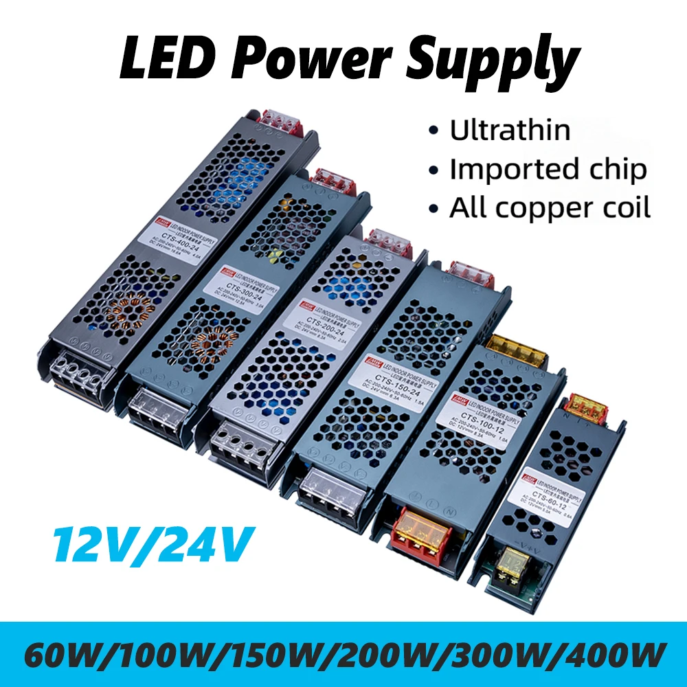 DC 12V/24V Lighting Transformer Power Supply Adapter 5A 12A Ultra Thin LED Strip Switch Driver Lamp 60W 100W 150W 200W 300W 400W