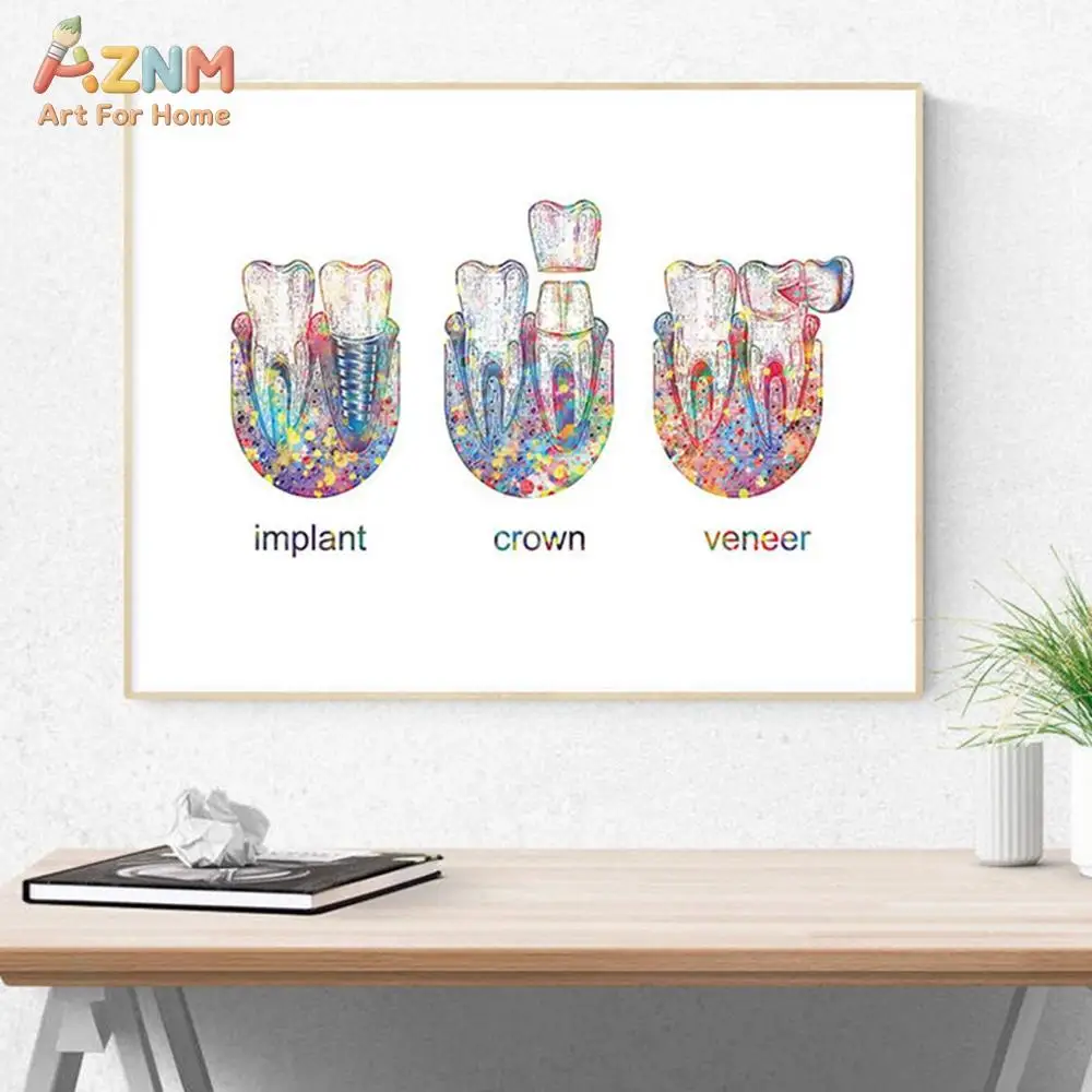 AZNM Colorful Dental Canvas Wall Art Implant Crown Veneer Watercolor Print for Dentist Office Decor