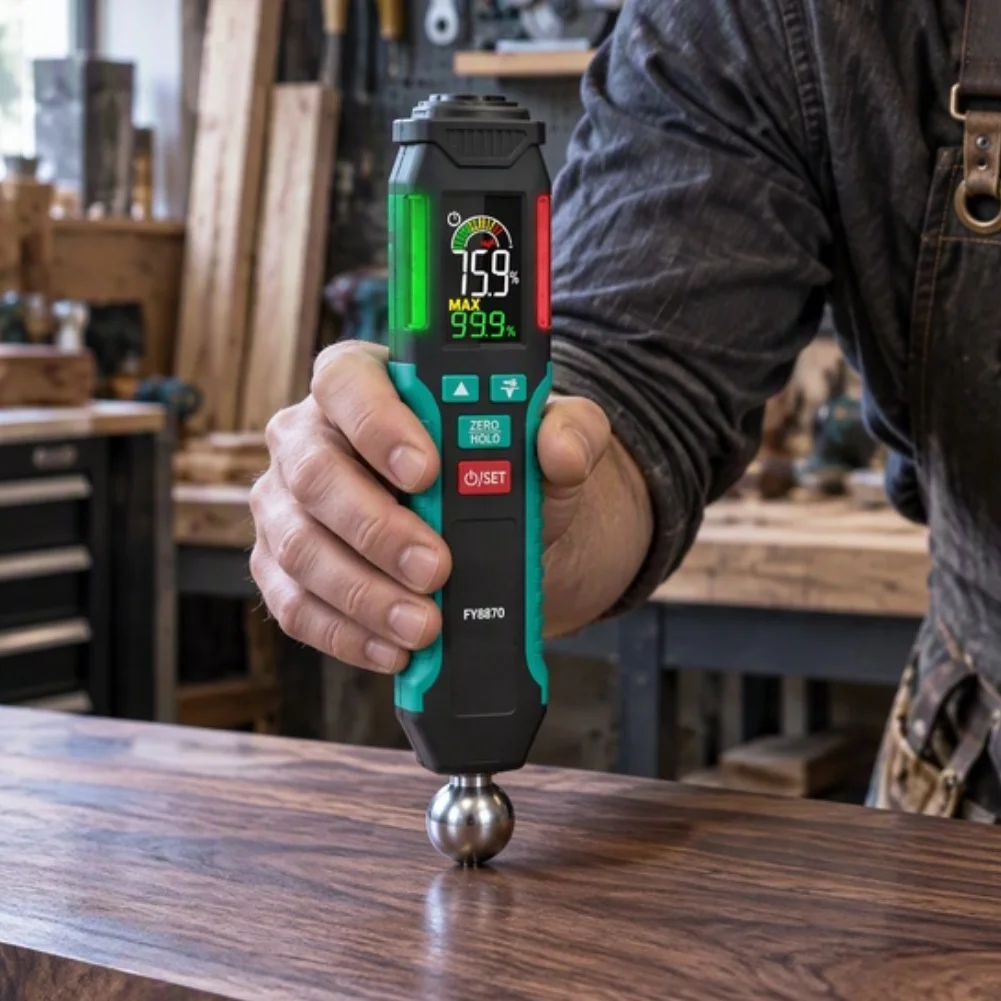 Spherical FY8870 Moisture Meter for Wood Wall Carton Testing Pinless LCD Display 2-Level Alarm Thresholds 5-40mm