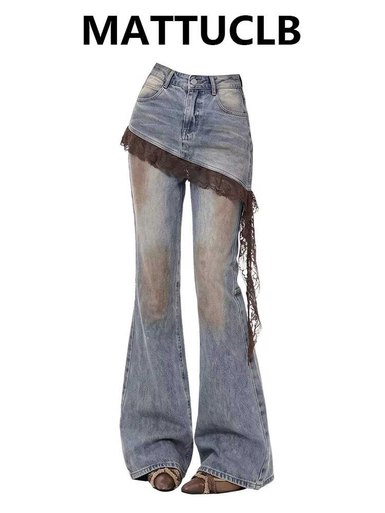 Autumn Winter Women's Design Flare Jean Japanese Lace Denim Pants Harajuku Y2k 2000S Long Trousers Bell Bottom American Retro