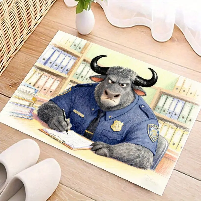 1PC ディズニー ズートピア チーフ ボゴ 警察官 フロアマット、漫画のバッファロー キャラクター ライティング オフィス シーン 装飾ラグ、滑り止め