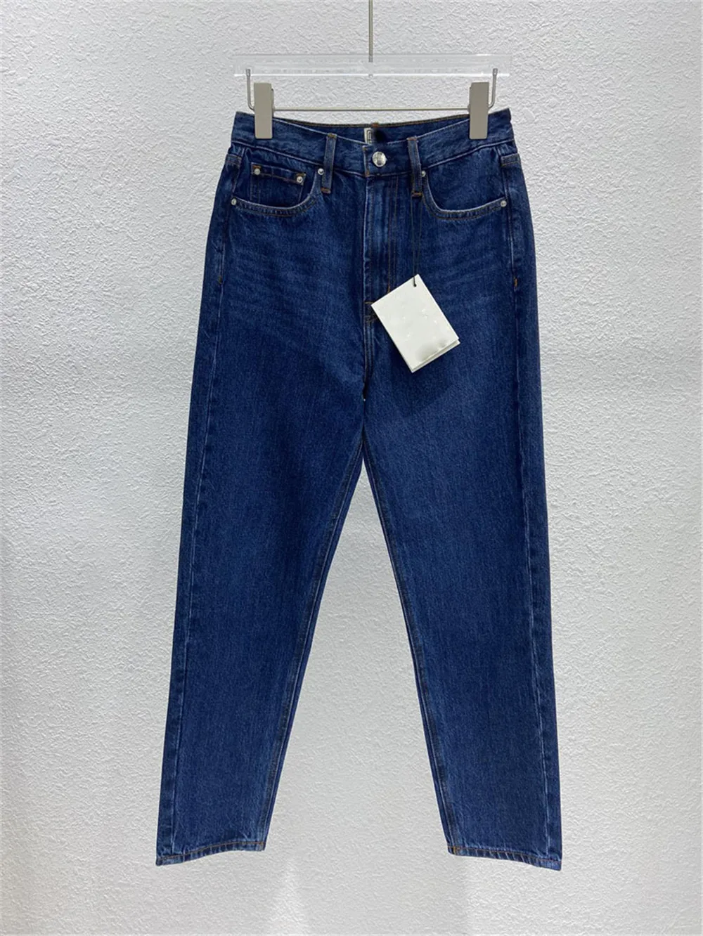 High Waist Tapered Jeans for Women, Denim Trousers, Calf Nine, High Quality, New, 2024