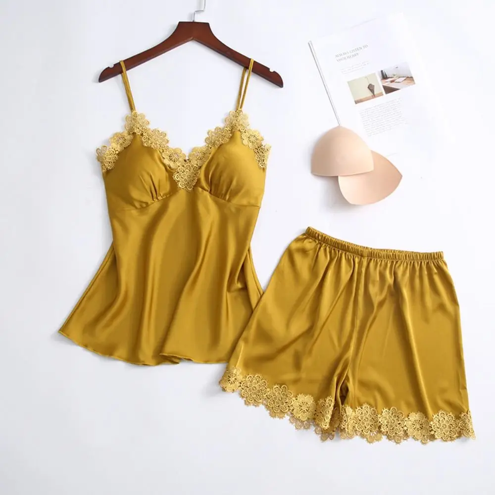 

Кружевной пижамный костюм Sweet Ice Silk, шорты без рукавов с подкладкой, ночная рубашка, свободные комплекты одежды для сна из двух предметов с v-образным вырезом для девочек