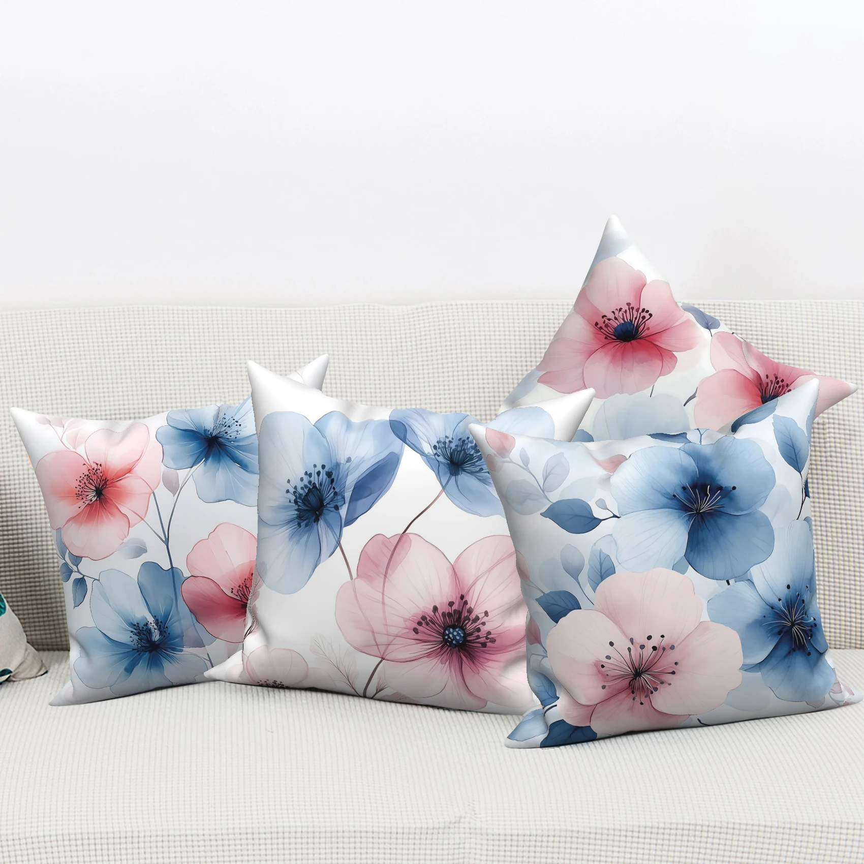 4Pcs Minimalist Watercolor Pink Blue Floral Throw Pillow Covers Pastel Flower Polyester Linen Cushion Cases for Home Decoration
