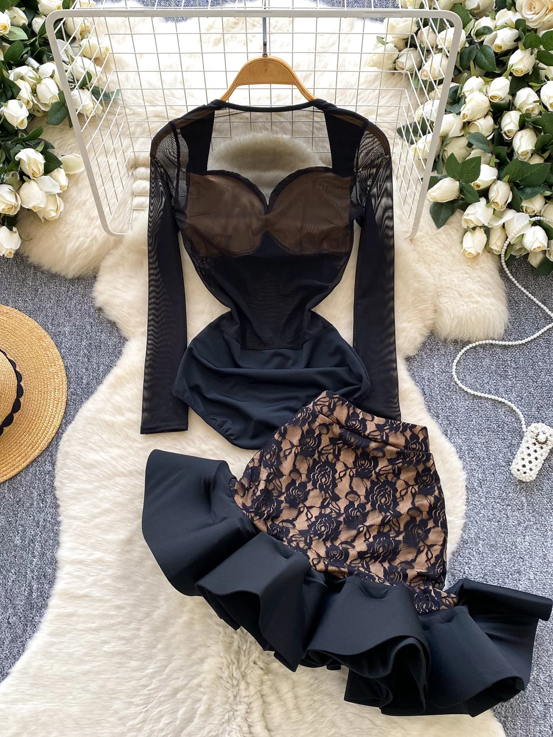 

Faionable Сексуальный кружевной комбинезон Long Sve Me с блузкой и юбкой с высокой талией. Женская осенняя одежда. Повседневная одежда.