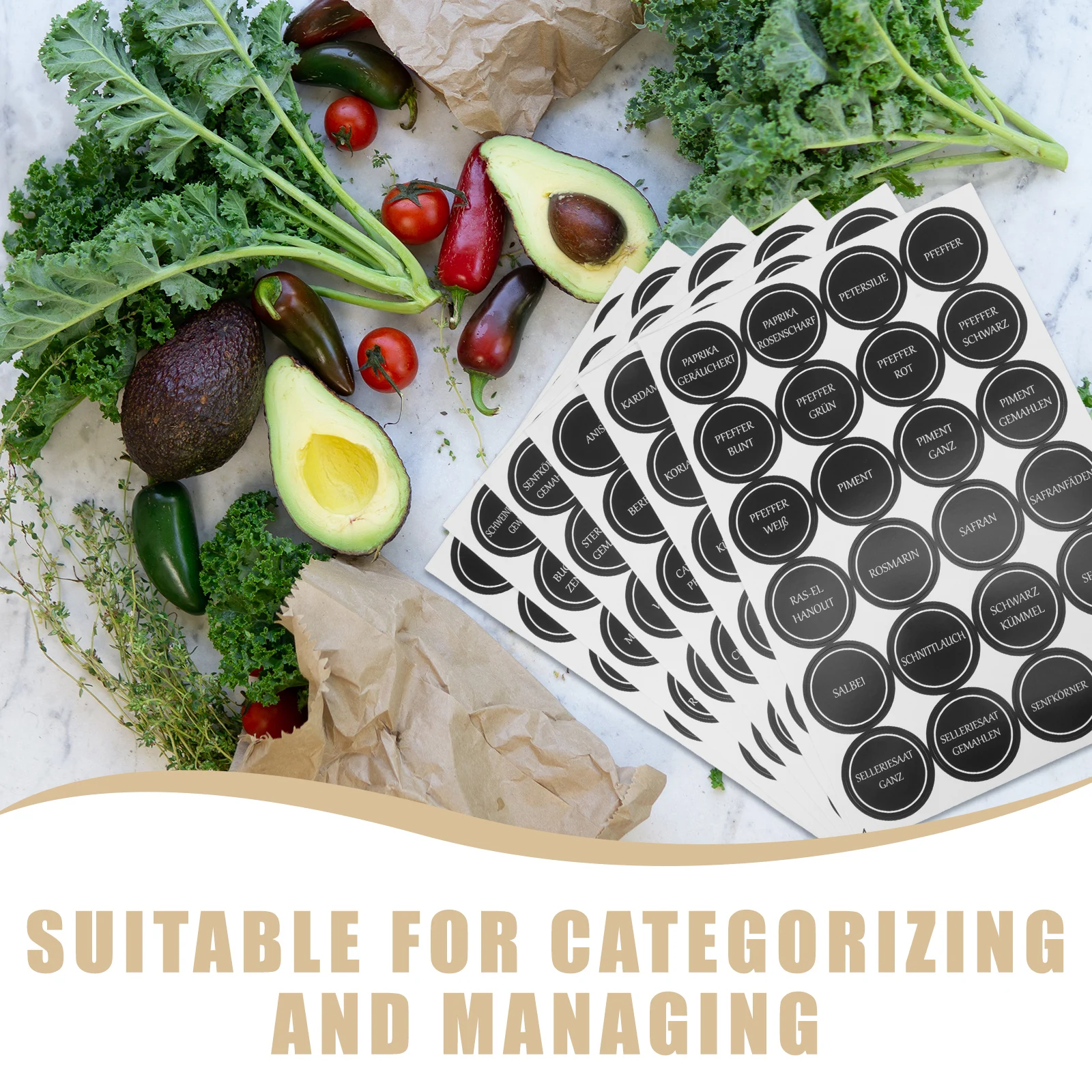 6 Sheets Waterproof Small Round Spice Stickers for Kitchen Jars Containers German Flavor Labels Clear Readable Reusable