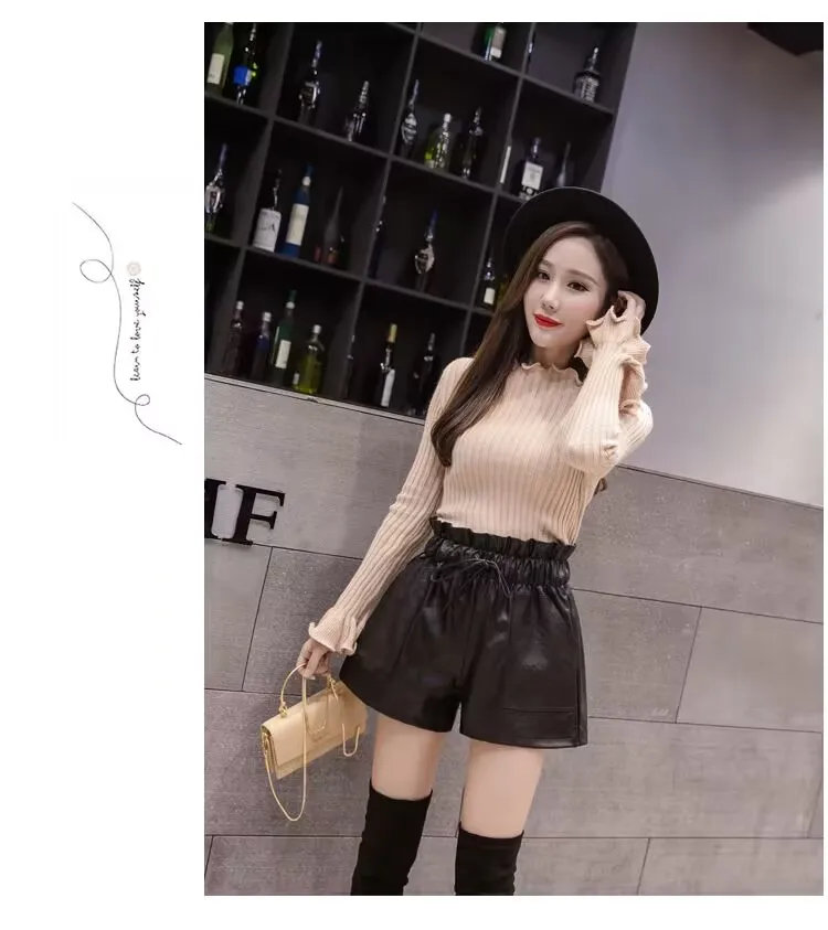 Hohe Taille Schnür shorts Blumen knospe breites Bein pu Leders horts Herbst Winter koreanische lose High Street schwarz sexy Frauen Shorts