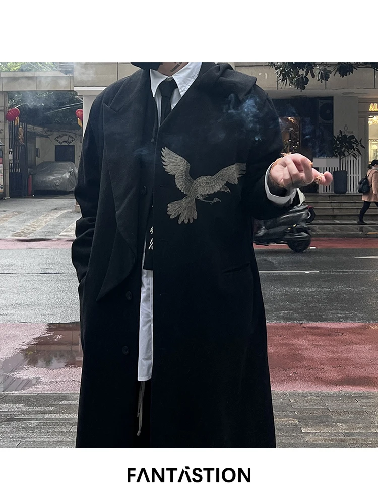 FANTASTION Original design Embroidered crow woolen overcoats oversized unisex Double-layered collar jackets autumn and winter