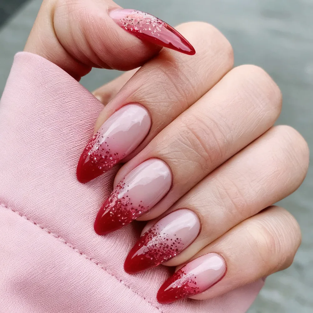 

24PCS Wine Red Glitter Sequin French False Nails with Glue Autmun Winter Simple Almond Press on Nails Full Cover Ins Nail Patch