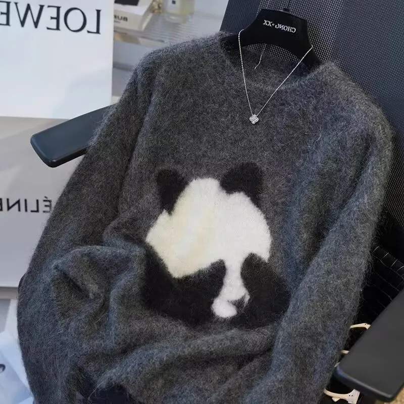 Autumn/Winter 2024 New Sweater Jacquard Lazy Cartoon Panda Embroidery Design Hoodie Knitted Sweater Loose Cashmere Top for Women