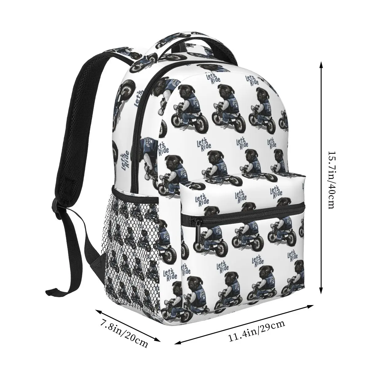 Let's Ride Motorcycle Big Bike Black Pug Dog Backpack Hot Sale Daypack Large Capacity Boy Girl BookBag School Bag Shoulder Bags