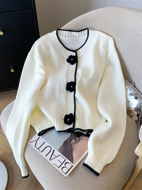 

Unique Beautiful 3D Flower Knitted ort Coat Women's Autumn Winter Faion Slimming Soft Cozy Sweater Versatile Age-Defng