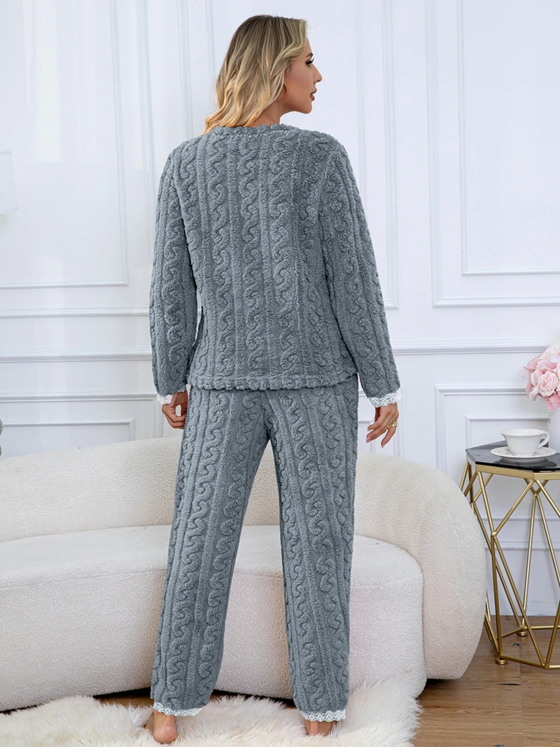 Ультра-мягкий фланелевой пижамный комплект для женщин, топ с длинными рукавами и круглым вырезом с кружевной отделкой и длинные брюки, зимняя ночная рубашка из дышащей ткани