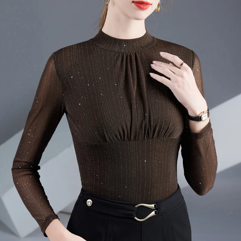 

New 2025 Spring Long Sleeved Half High Neck Mesh Tee Elegant Slim Solid Color Women's T-Shirt M-4XL Tops