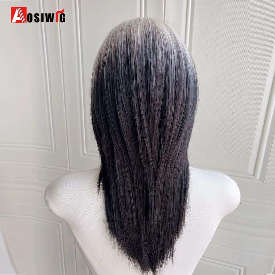 AOSI Short Mullet Head Wigs Synthetic With Bangs Straight Anime Men Black Gray Hair Wig For Daily Party Cosplay Lolita Wig