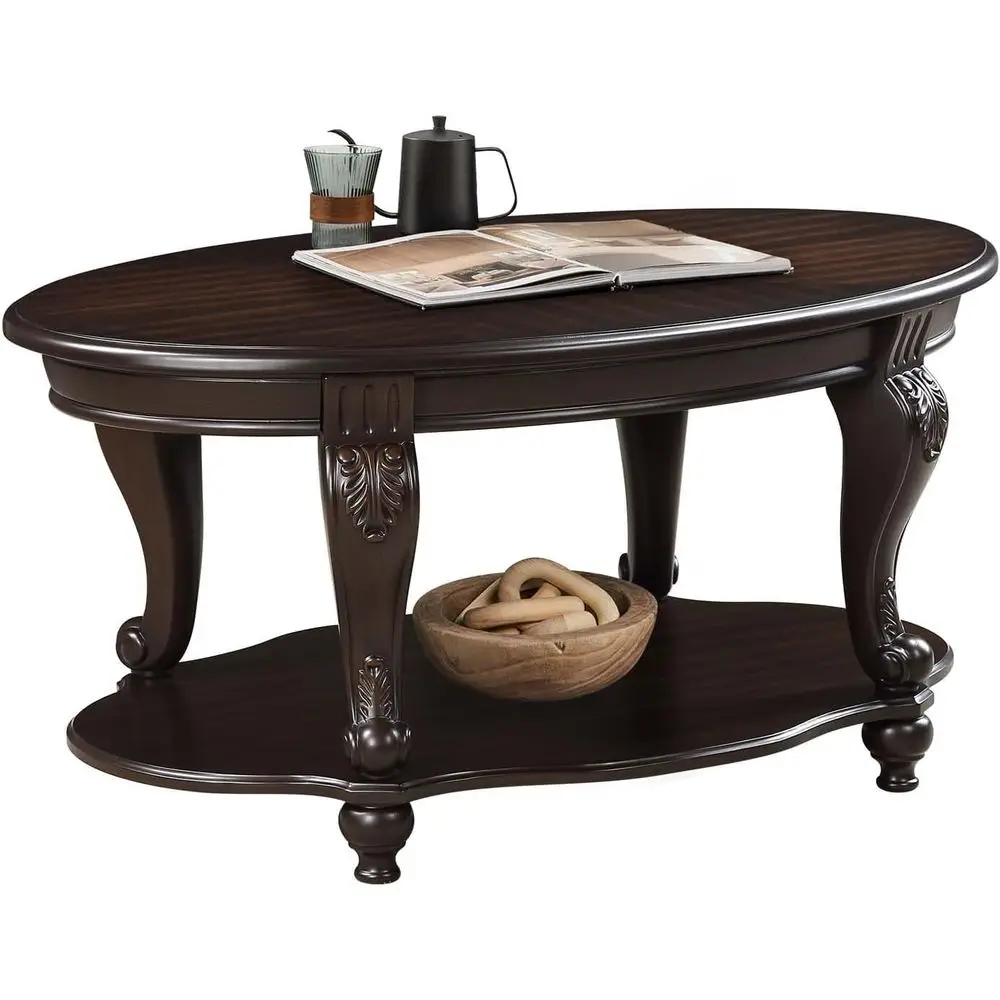 

Elegant 2-Tier Espresso Wood Coffee Table with Open Shelf, 42x26x20.5, Traditional Style for Living Room and Office