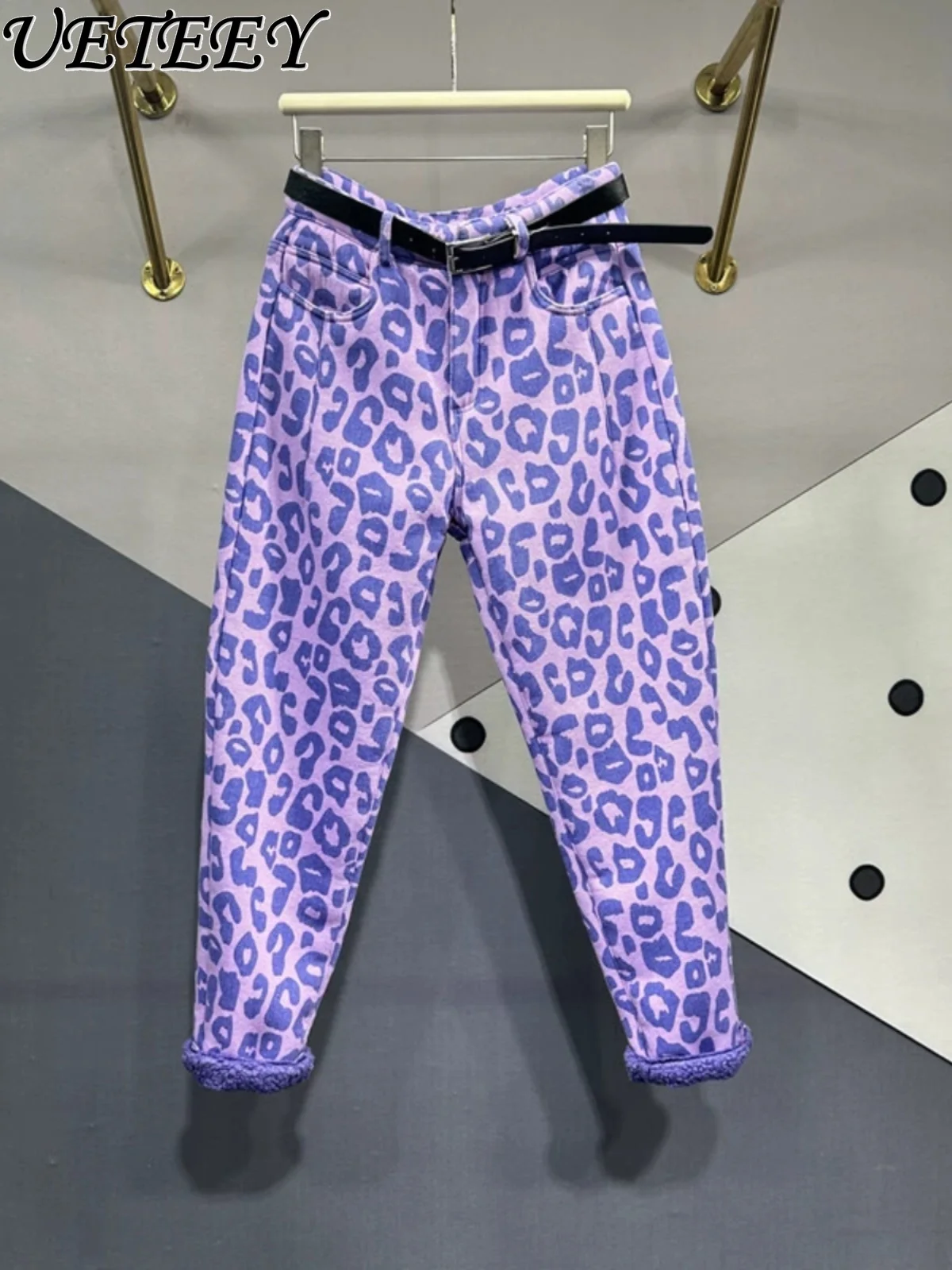 Purple Leopard Print Jeans for Women European Goods Winter New All-Matching Slimming Fleece-lined Thickened Tappered Harem Pants