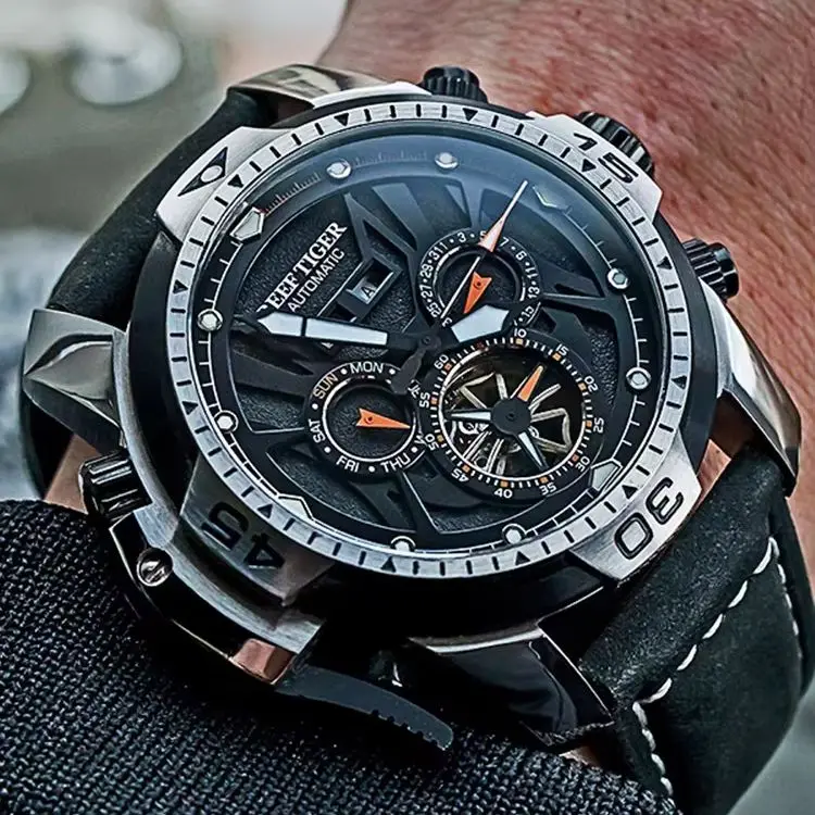 Reef Tiger Men Automatic Watch 46mm Mechanical Wristwatch Sport Waterproof Sapphire Mirror Multi-Dial Year Month Week Date