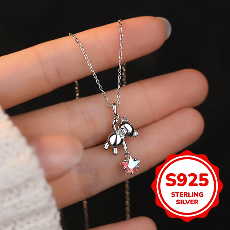 

s925 sterling silver star-picking bear necklace for women light luxury classic elegant fashion retro simple casual daily life