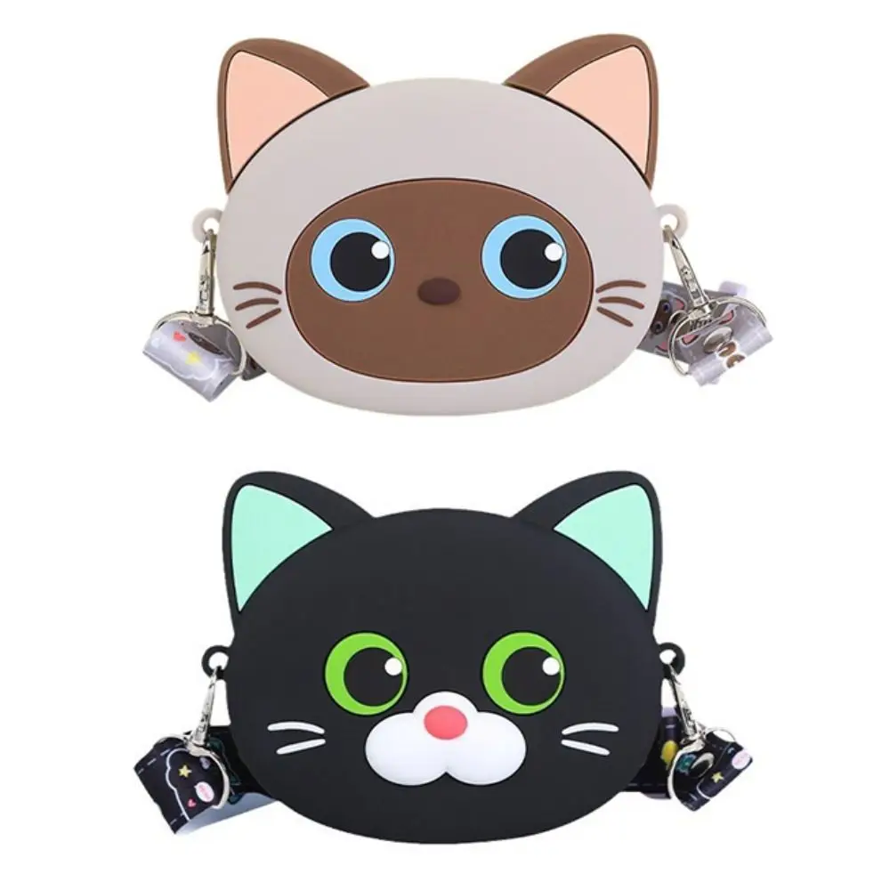 Saco bonito do gato siamês do gatinho, Desenhos animados animais, Preto, Saco de silicone, Kawaii, Suave, Crossbody, Ao ar livre