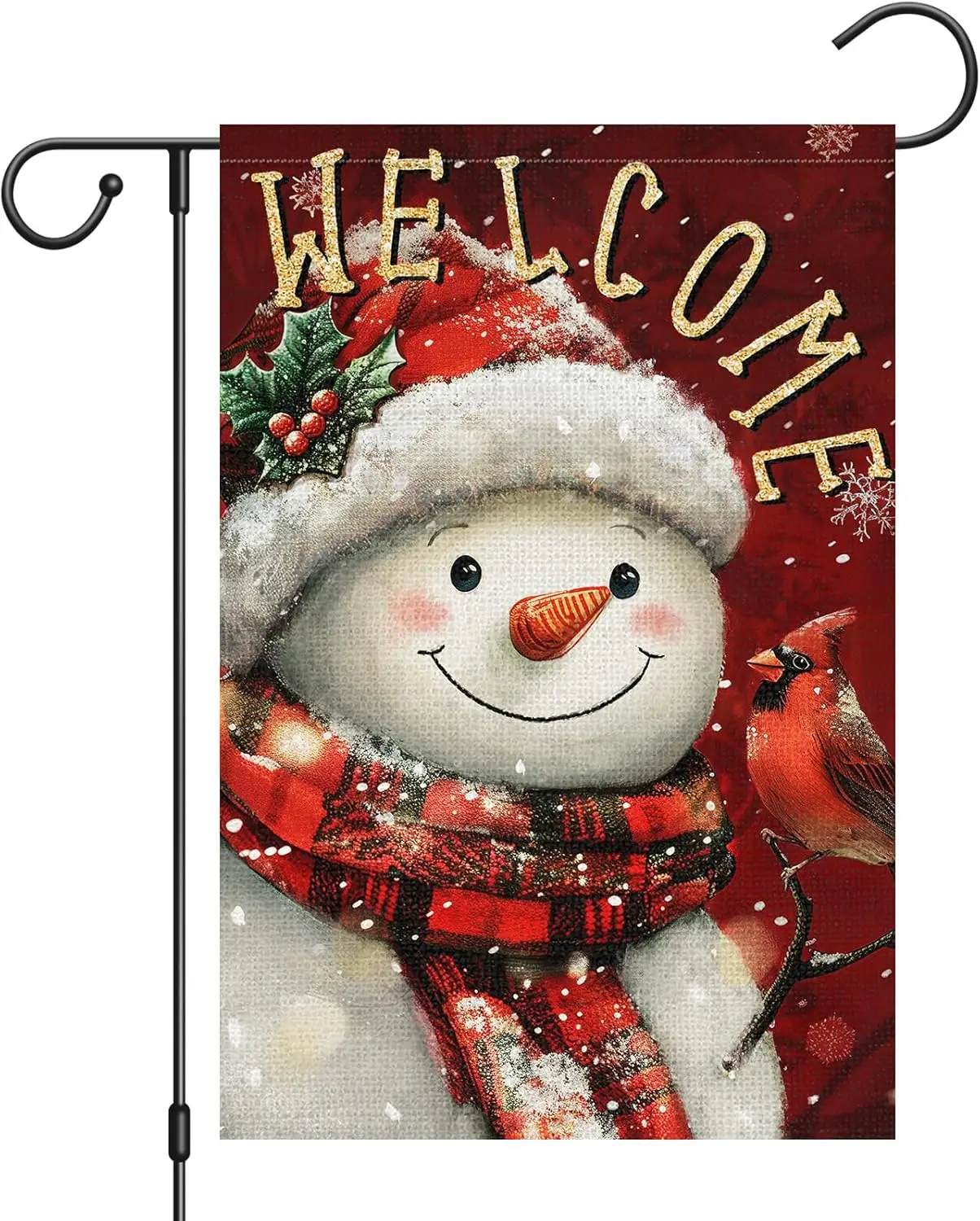 Heyfibro Welcome Christmas Garden Flag 12x18 Inch Double Sided Burlap, Snowman with Red Scarf Winter Cardinals Flags for Win UUM