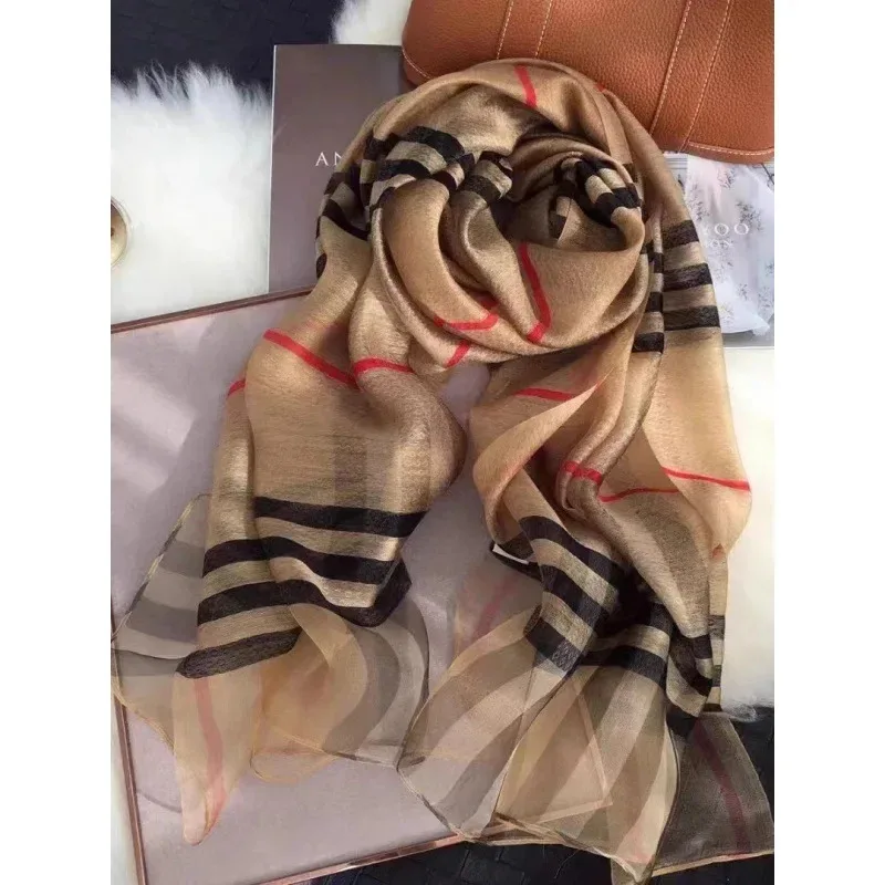 Trendy Long Silk Scarf Women's Spring Plaid Water Wave Pattern Simulation Silk Mulberry Silk Thin Shawl Shoulder Wrap Scarf