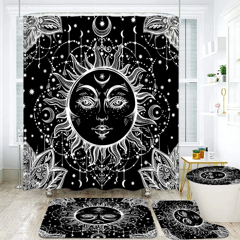 Psychedelic Sun Moon and Sun God Bohemia Shower Curtain Set Waterproof Bathroom Curtain Toilet Cover Bath Non-Slip Mat Rug Decor