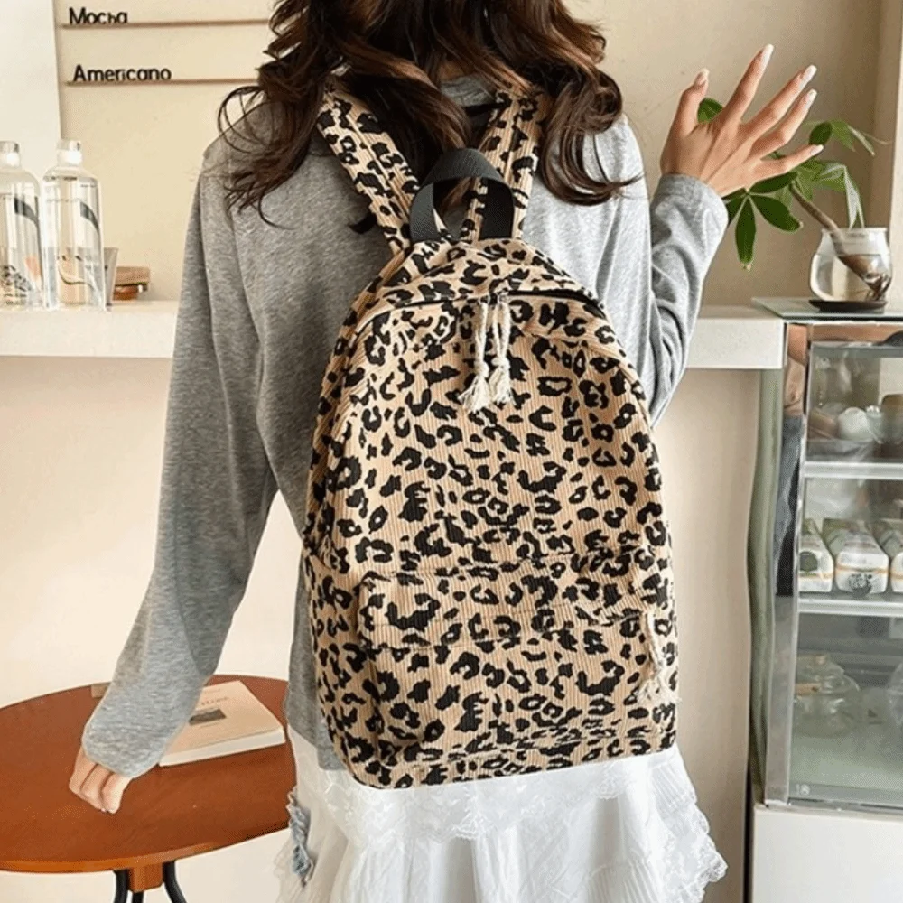 Corduroy Leopard Print Backpack Harajuku Ulzzang Students School Bag Adjustable Shoulder Straps College Style Students Daypack
