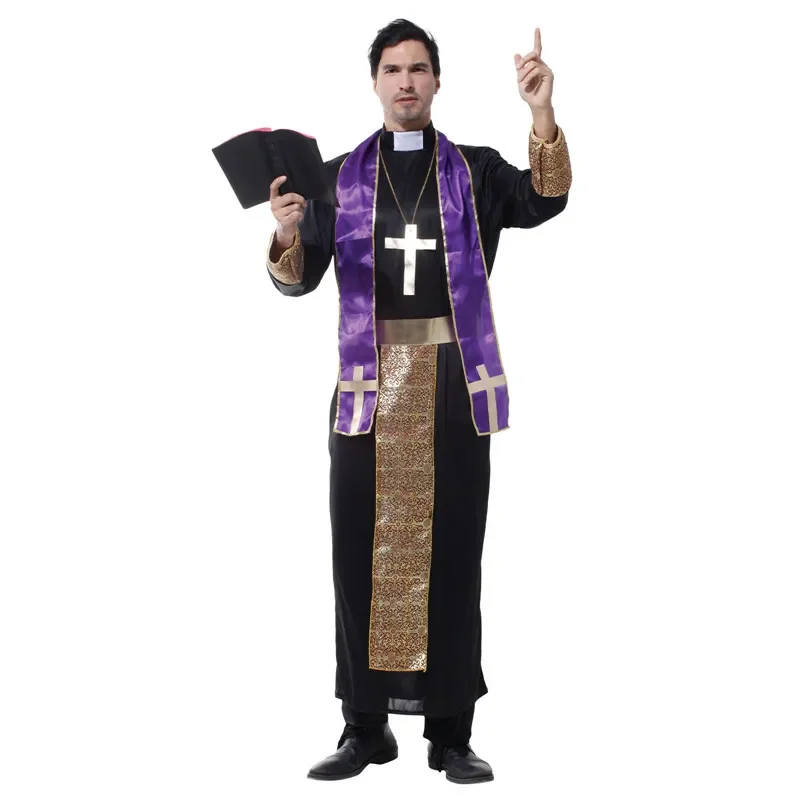 Adult Men Christian Missionaries Preacher Pastor Priest Costume Cosplay Halloween Purim Party Mardi Gras Fancy Dress With Cross