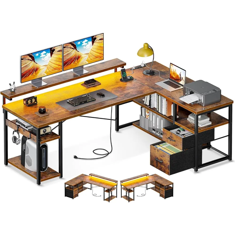 

L Shaped Gaming Desk with File Drawers, Reversible Computer Desk with Power Outlets & LED Lights, Home Office Desk