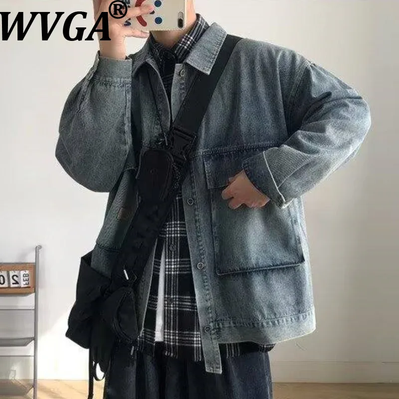

WVGA Spring Autumn New Man Tide Trendy Denim Long Sleeve Shirt Niche Chic Casual Turn-Down Collar Trendy Pockets Top Coat W21922