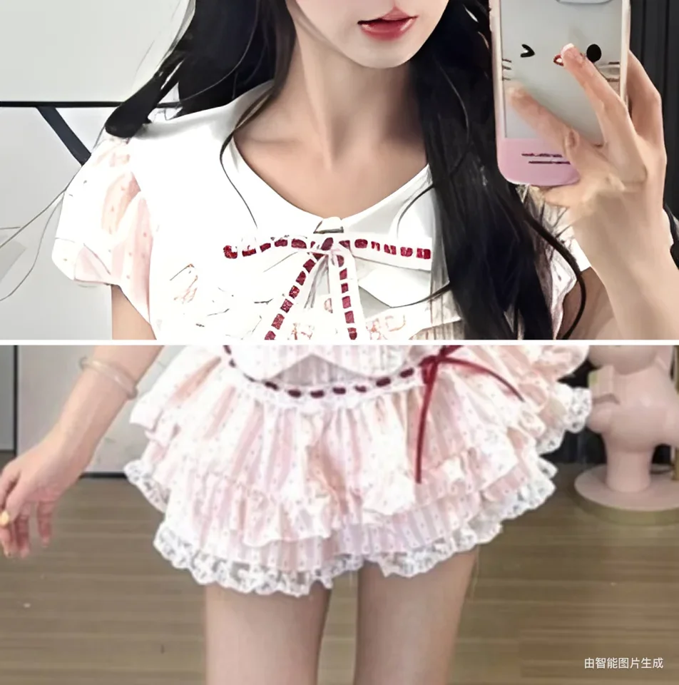 

Summer New Sweet and Gentle Striped Polka Dot Doll Collar Design Tops Women's High Waist Short Cake Skirt Two-piece Set