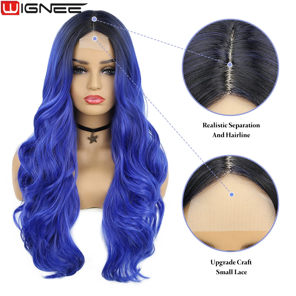 WIGNEE 1B Blue Wig Body Wave Synthetic Hair Lace Wigs For Women Cosplay Wig Long Natural Daily Life Wigs On Sale Clearance