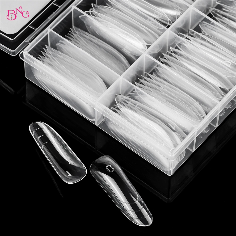 BNG جديد 70/140 قطعة أظافر شفافة مزدوجة الشكل بولي تمديد هلام قوالب قابلة لإعادة الاستخدام أكريليك أظافر أشكال 12 أنواع نصائح كاذبة مع خط مقياس #4