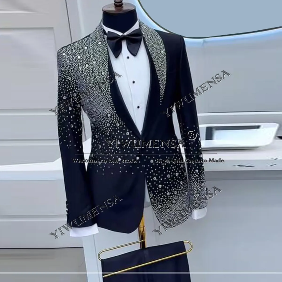 Luxury Sliver Beaded Stoned Suits Men For Wedding Single Breasted Jacket Pants 2 Pieces Groom Tuxedos Man Banquet Party Clothing