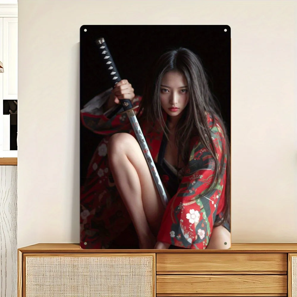 Japanese Girl Metal Tin Sign Wall Art - Red/Black/White Floral Sword Kimono Design, Home Bar Cafe Restaurant Decor