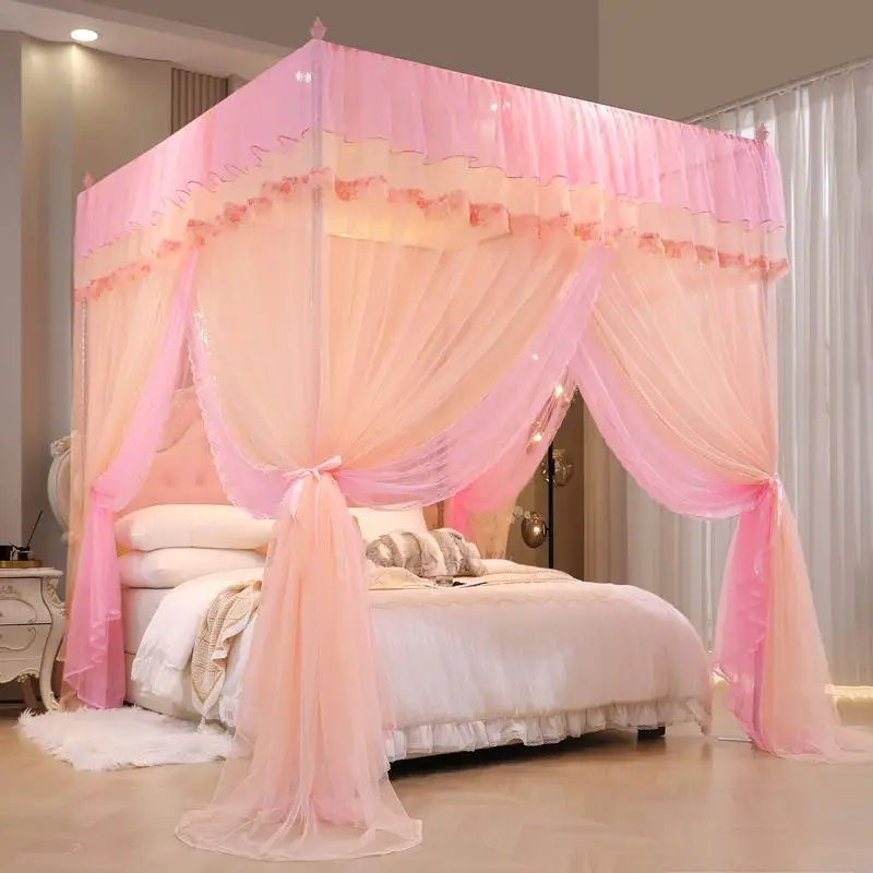 2025 New Palace Double-Layer Contrasting Mosquito Net Girl Style Encrypted Triple Door Soft Mesh Floor Bed Canopy with Folds