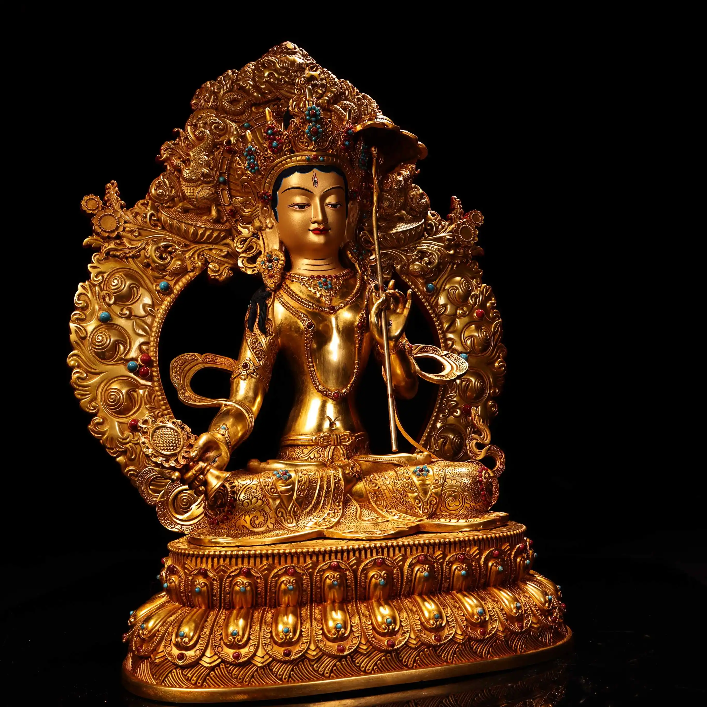 

19"Tibetan Temple Collection Old Bronze Gilded High Relief Mosaic Gem ushnisha sitatapatra Buddha Lotus Terrace Worship Hall