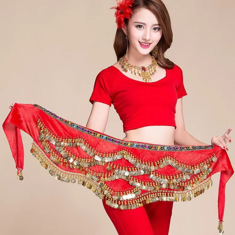 Women Belly Dance Costume Hip Scarf Accessories Belt Skirt Coins Silk Scarf Waist Chain Wrap Crystal Adult Dancewear